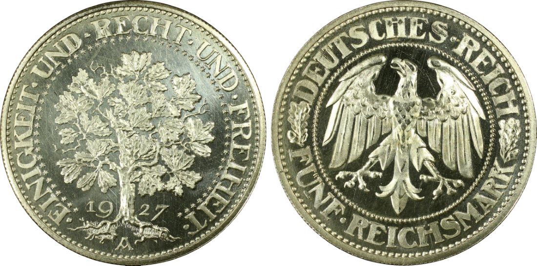 ドイツ ヴァイマル共和国 5マルク銀貨 樫の木 プルーフカメオ | コイン 